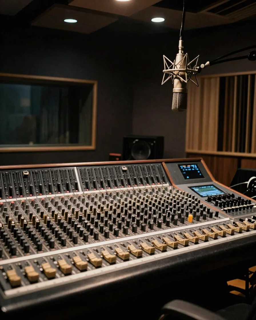 Cinematic low-key wide view of a professional recording room with a mixing console and a vocal microphone under warm sub