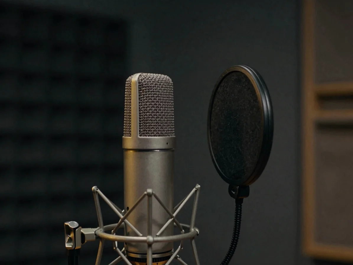 Close detail of a vintage-style condenser microphone and pop filter in a dark studio booth, low-key lighting with subtle