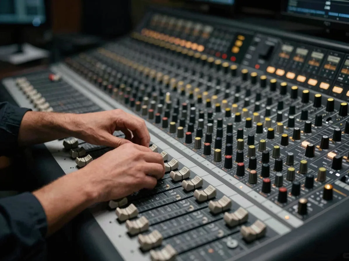 Engineer's hands adjusting faders on a mixing console in a dimly lit control room, gold accent lighting, candid editoria