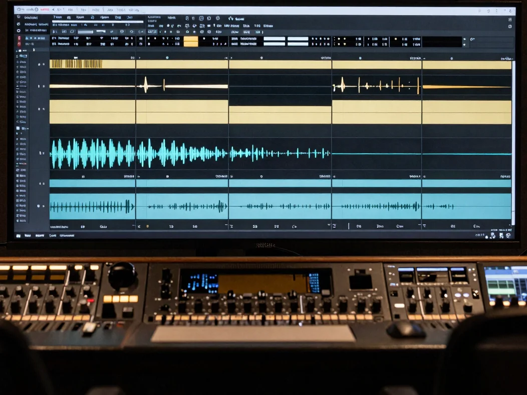 Multi-track session on a large screen with waveform stems in a dark studio control room, subtle gold highlights, cinemat