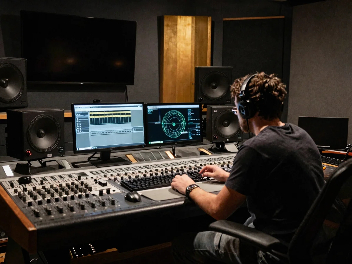 Mastering engineer reviewing a finished track on monitors in a low-key studio, charcoal tones, warm gold accent light, c